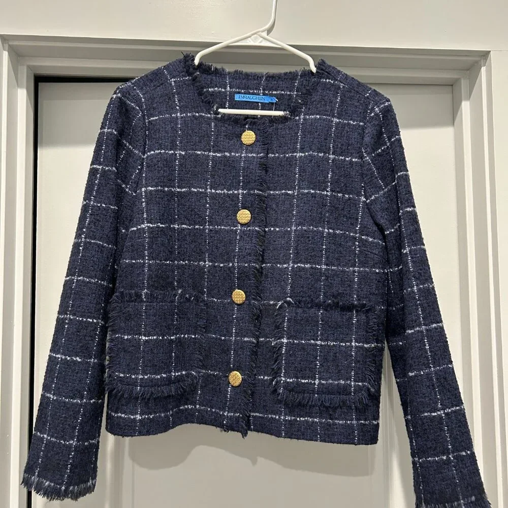 J. McLaughlin Abigail Jacket in Window Pane Navy and White - Picture 1 of 9